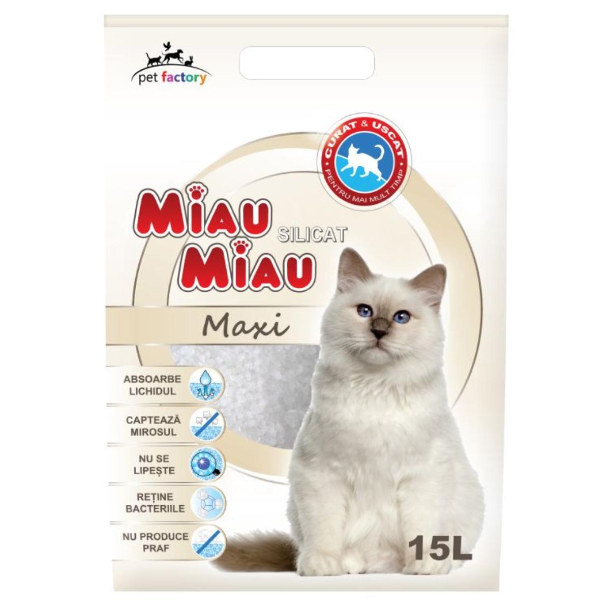 MIAU MIAU Maxi, neparfumat, așternut igienic pisici, granule, silicat, neaglomerant, neutralizare mirosuri, 15l - 1 | YEO