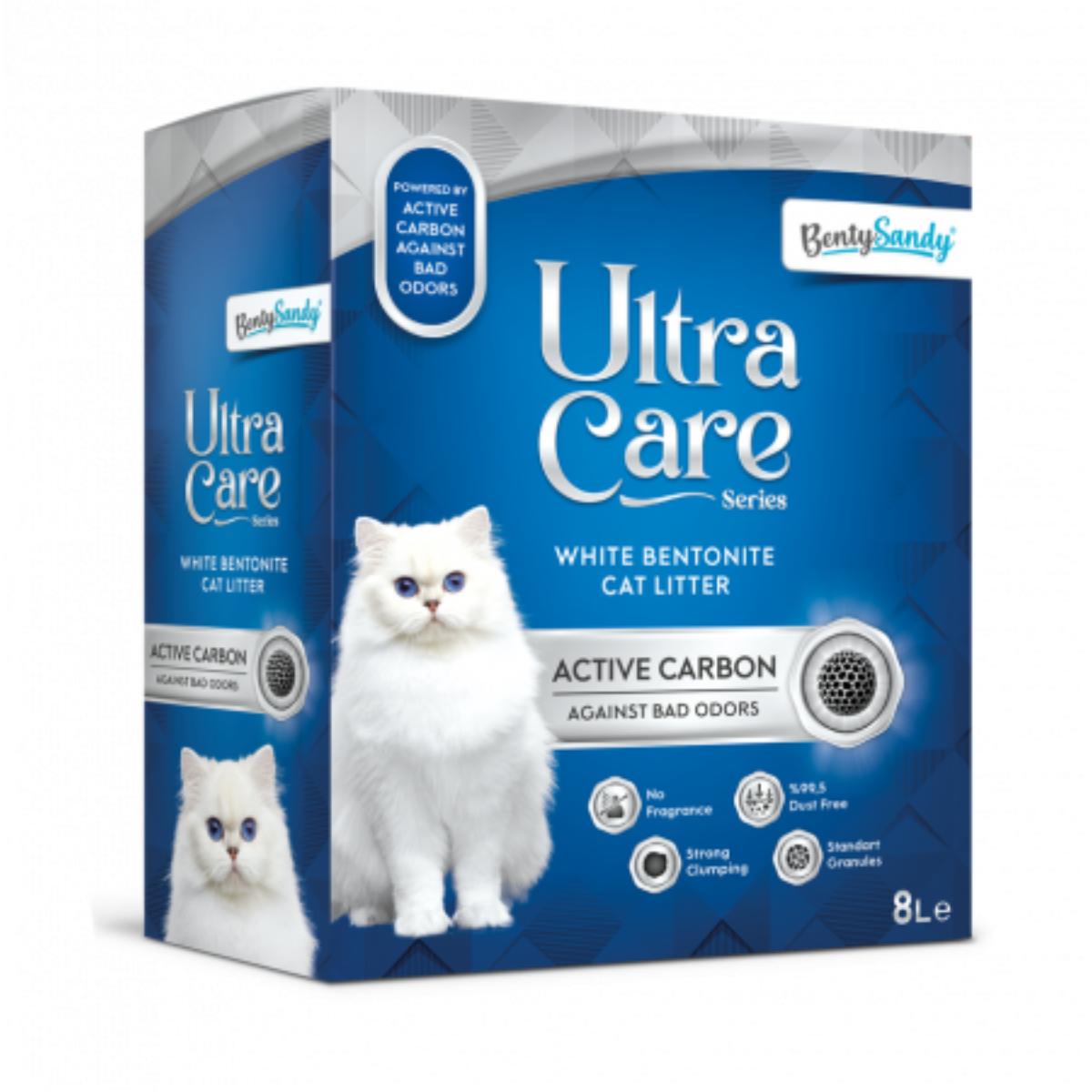 BENTY SANDY Ultra Care Active Carbon, neparfumat, așternut igienic pisici, granule, bentonită, aglomerant, neutralizare mirosuri, 8l