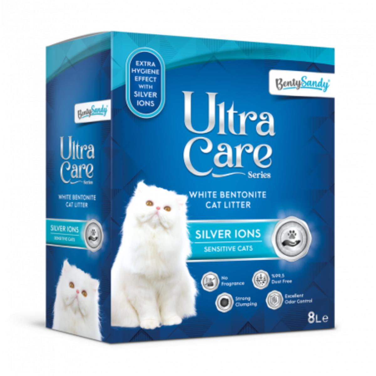 BENTY SANDY Ultra Care Sensitive Silver Ions, neparfumat, așternut igienic pisici, granule, bentonită, aglomerant, neutralizare mirosuri, 8l