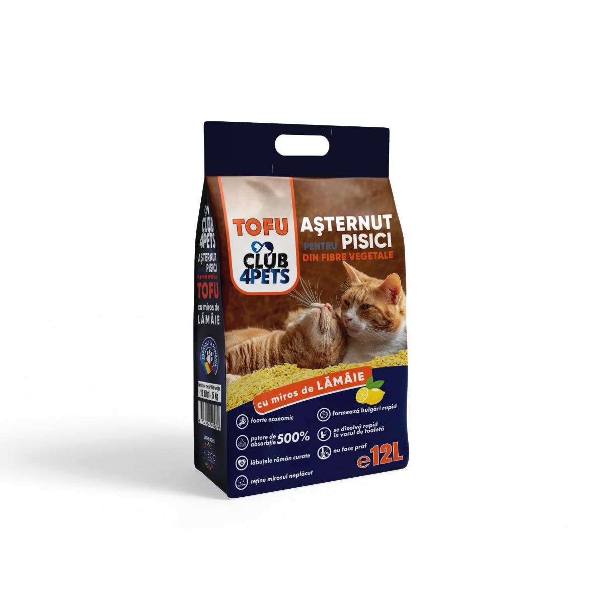 CLUB 4 PETS, Lămâie, așternut igienic pisici, peleți, tofu, aglomerant, ecologic, biodegradabil, bax, 12l x 3buc