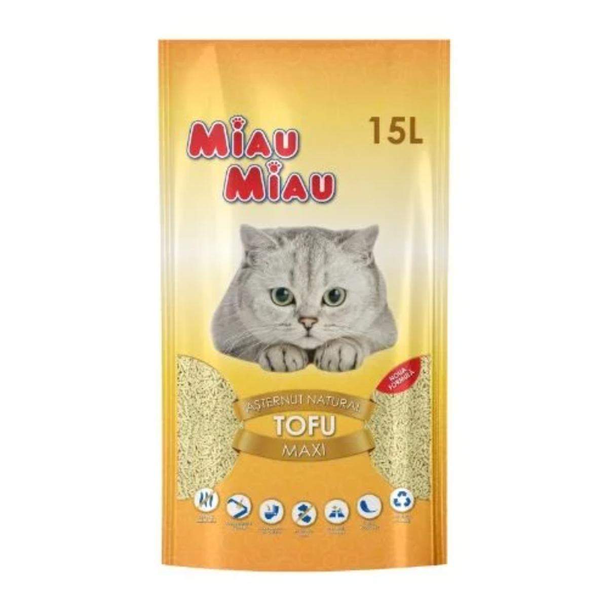 MIAU MIAU Maxi, neparfumat, așternut igienic pisici, peleți, tofu, neaglomerant, ecologic, biodegradabil, 15l - 1 | YEO