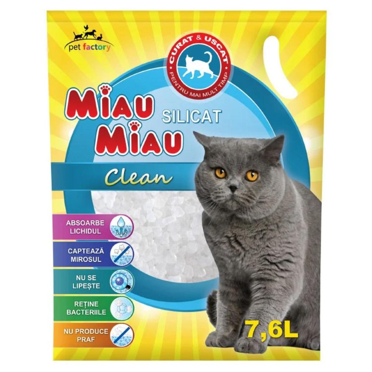 MIAU MIAU Clean, neparfumat, așternut igienic pisici, granule, silicat, neaglomerant, neutralizare mirosuri, 7.6l - 1 | YEO