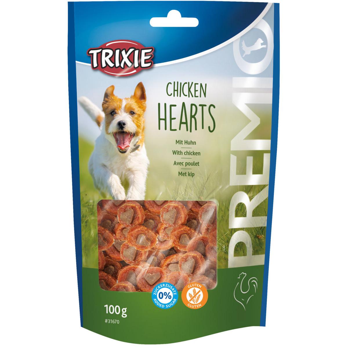 TRIXIE Premio Hearts, XS-XL, Pui, punguță recompense fără cereale câini, 100g