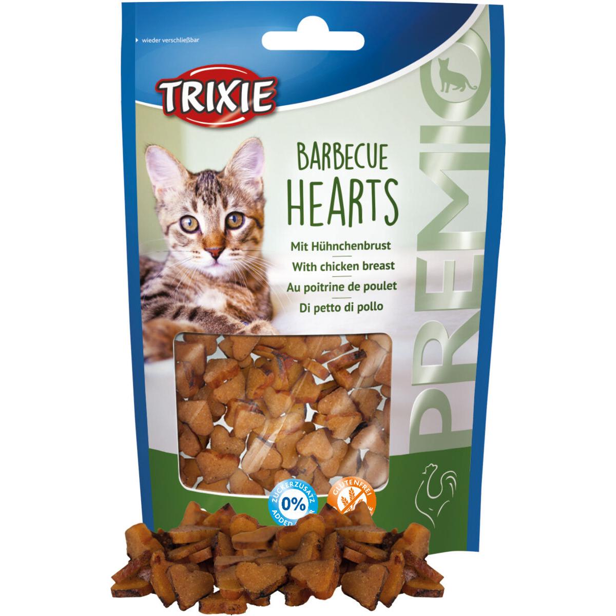 TRIXIE Barbecue Hearts, Pui, punguță recompense fără cereale pisici, 50g