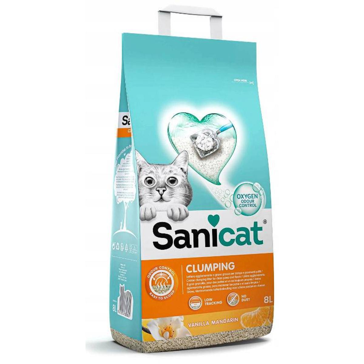 SANICAT Clumping, Vanilie, așternut igienic pisici, granule, bentonită, aglomerant, neutralizare mirosuri, 8l