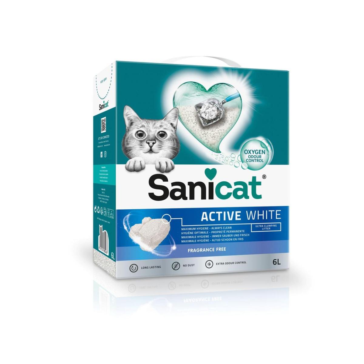 SANICAT Active White, neparfumat, așternut igienic pisici, granule, bentonită, neaglomerant, neutralizare mirosuri, 6l