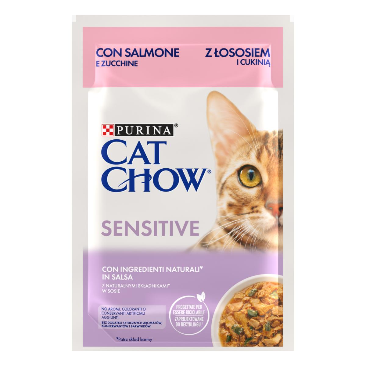 PURINA Cat Chow Sensitive, Somon și dovleac, hrană umedă pisici, sistem digestiv, (în sos) PURINA Cat Chow Sensitive, Somon și dovleac, plic hrană umedă pisici, sistem digestiv, (în sos), 85g