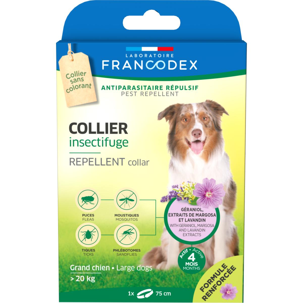 FRANCODEX, deparazitare externă naturală câini, zgardă repelentă FRANCODEX, deparazitare externă naturală câini, L-XL(>20kg), zgardă repelentă, 75 cm, gri, 1buc
