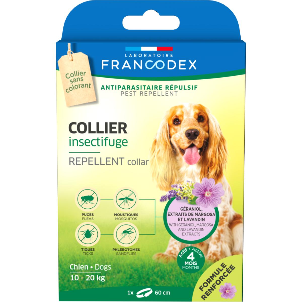 FRANCODEX, deparazitare externă naturală câini, zgardă repelentă FRANCODEX, deparazitare externă naturală câini, M(10 - 20kg), zgardă repelentă, 60 cm, gri, 1buc