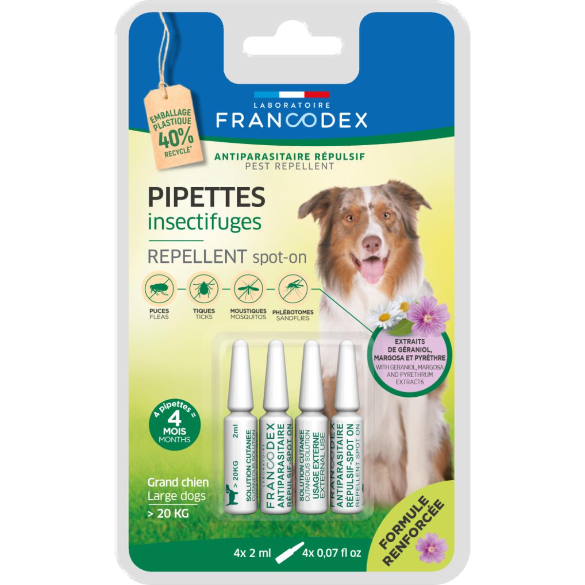 FRANCODEX, deparazitare externă naturală câini, pipetă repelentă FRANCODEX, deparazitare externă naturală câini, L-XL(>20kg), pipetă repelentă, 2ml x 4buc