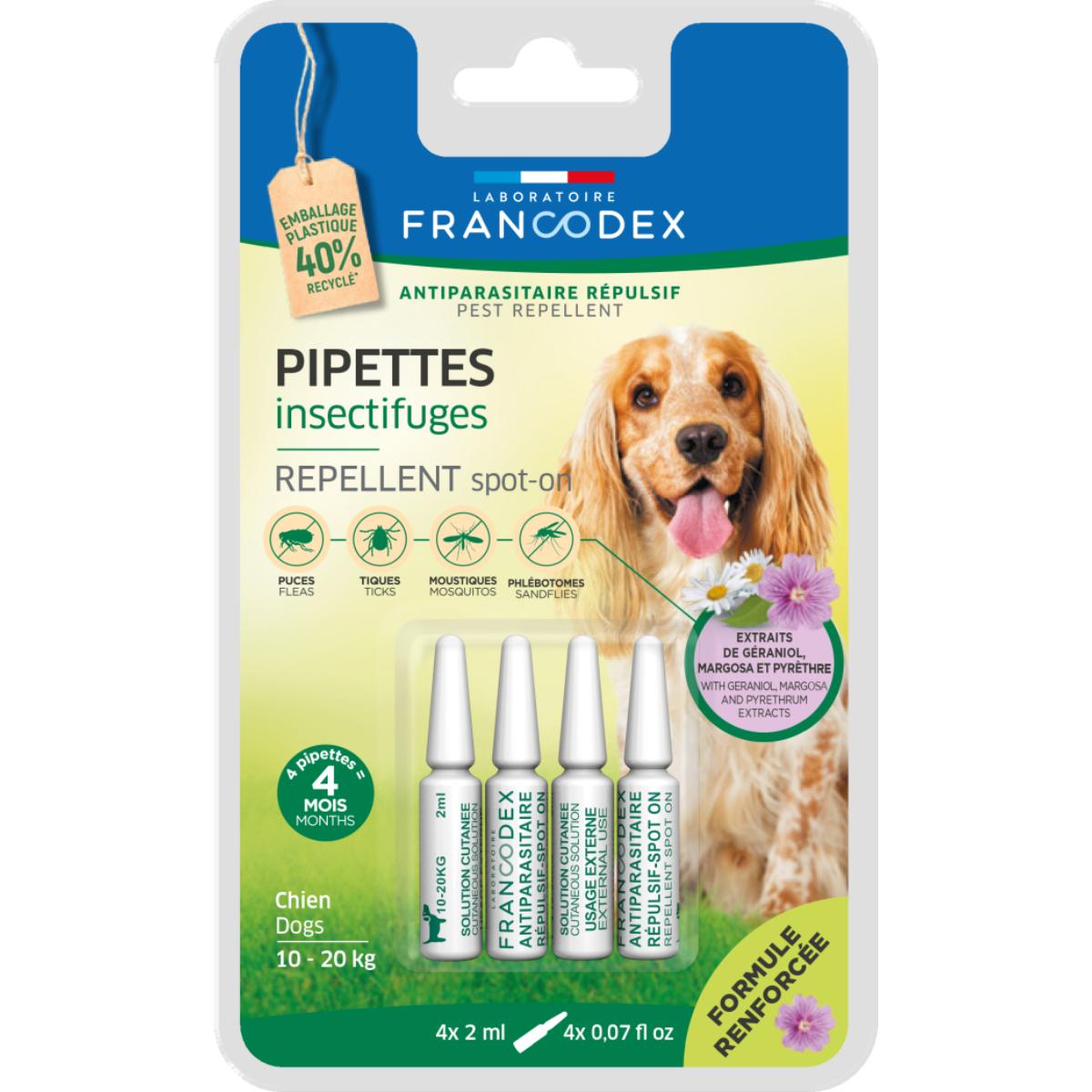 FRANCODEX, deparazitare externă naturală câini, pipetă repelentă FRANCODEX, deparazitare externă naturală câini, M(10 - 20kg), pipetă repelentă, 2ml x 4buc