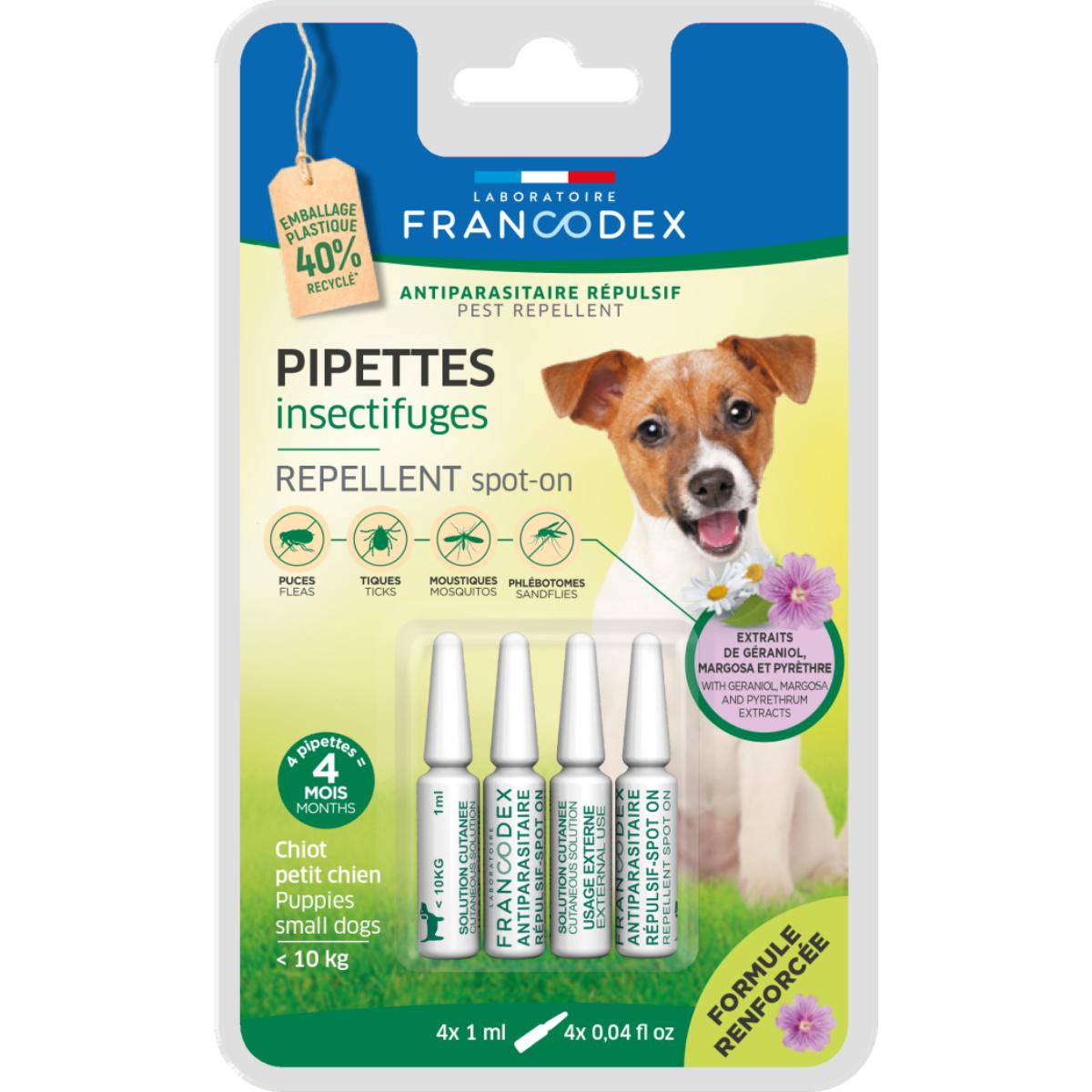 FRANCODEX, deparazitare externă naturală câini, pipetă repelentă FRANCODEX, deparazitare externă naturală câini junior & adult, XS-S(2 - 10kg), pipetă repelentă, 1ml x 4buc