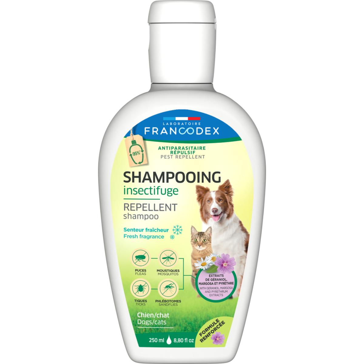 FRANCODEX Fresh Fragrance, șampon antiparazitar natural câini, XS-XL, repelent, 250ml