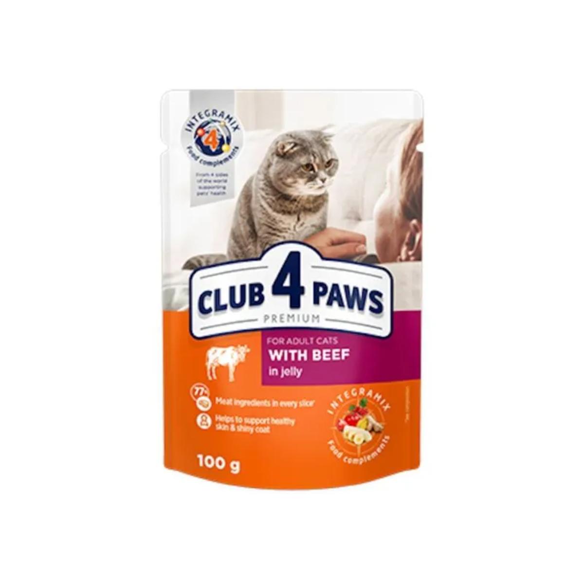 CLUB 4 PAWS Premium, Vită, hrană umedă pisici, Vită, (în sos) CLUB 4 PAWS Premium, Vită, plic hrană umedă pisici, (în sos), bax, 100g x 24