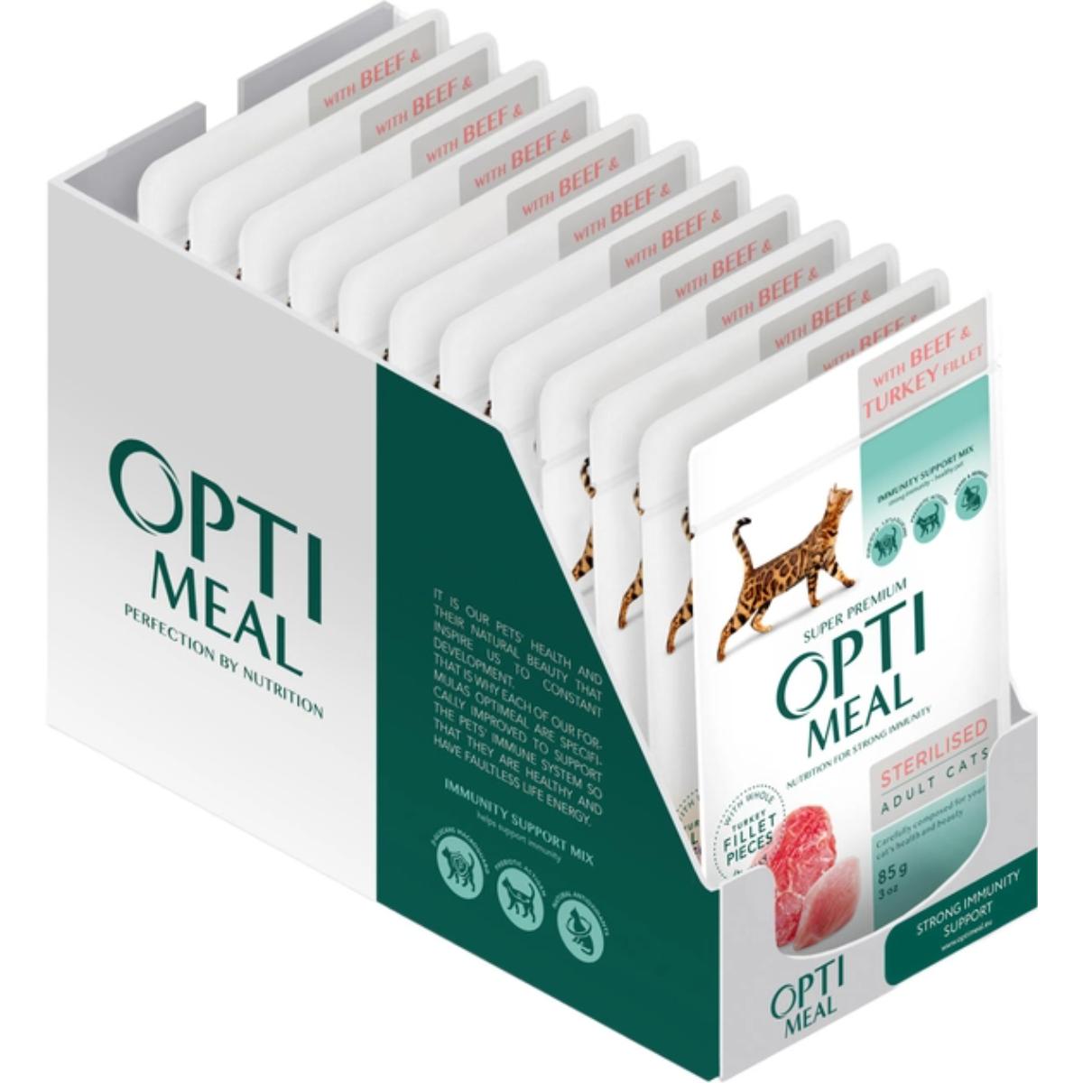 OPTIMEAL, Vită și Curcan, plic hrană umedă pisici sterilizate, (în aspic), 85g OPTIMEAL, Vită și Curcan, plic hrană umedă pisici sterilizate, (în aspic), bax, 85g x 12