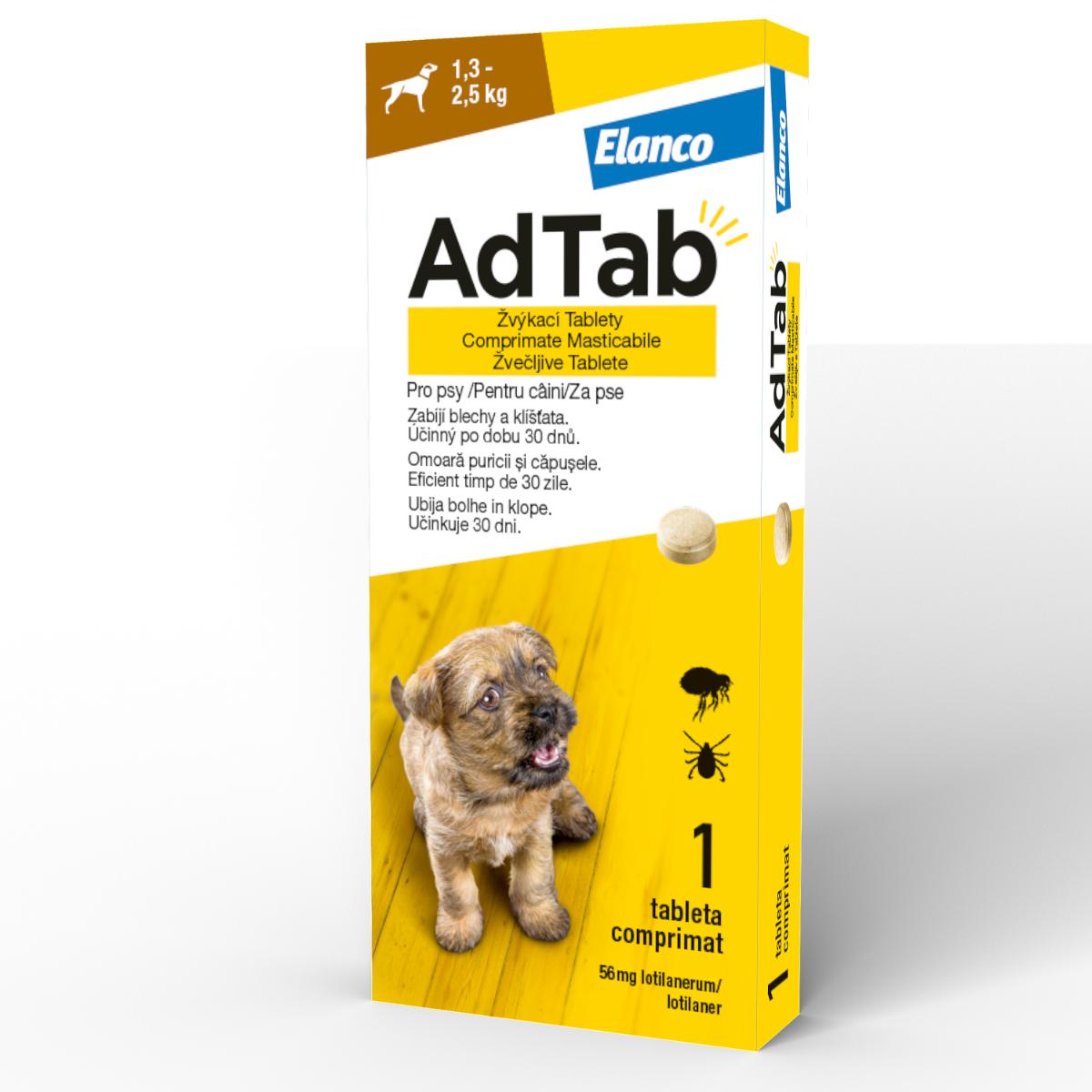 ADTAB, deparazitare externă câini, comprimate masticabile ADTAB, deparazitare externă câini, XS(1.2 - 2.5kg), comprimate masticabile, 56.25mg x 1buc