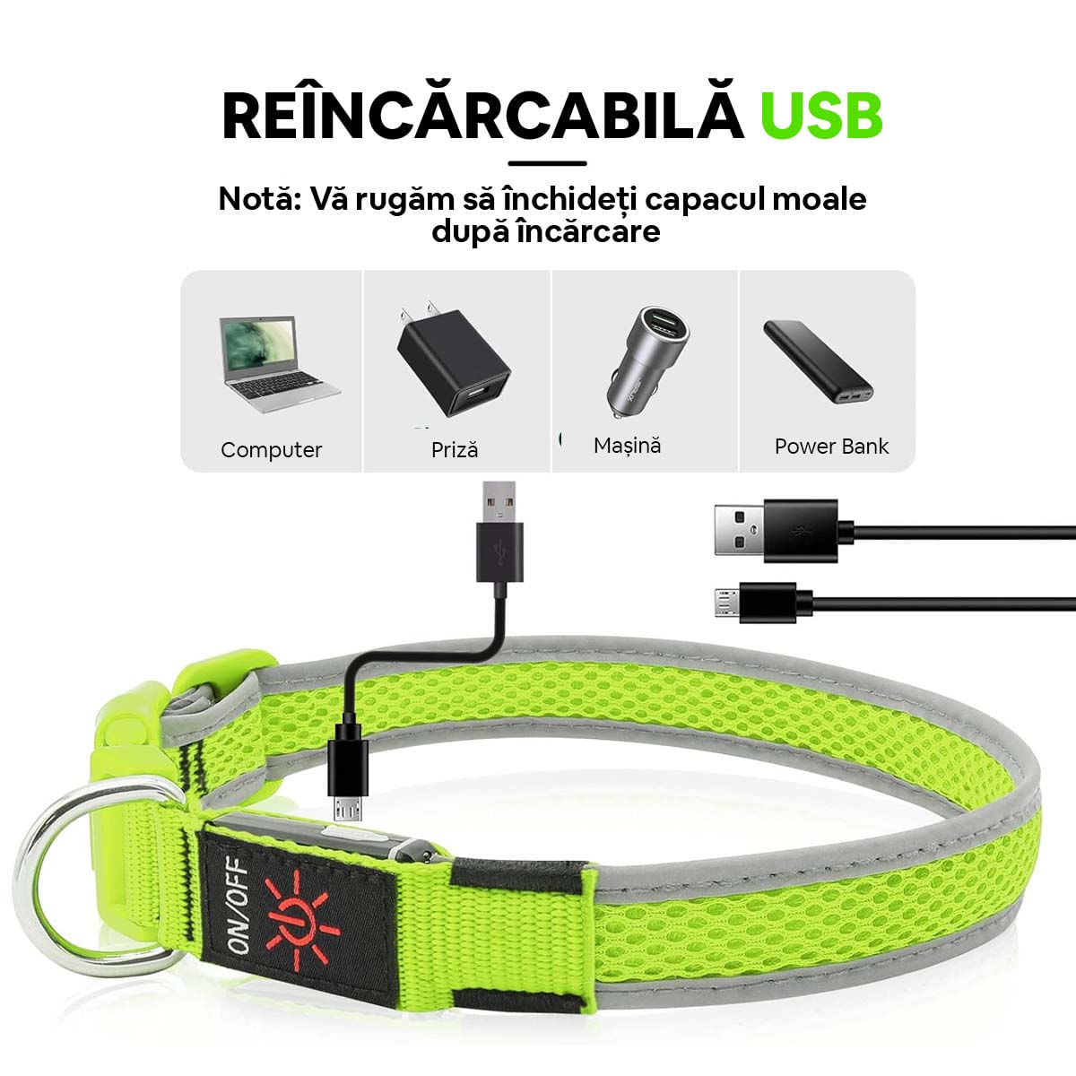 KPUPLOL Zgardă cu LED, Reîncarcabilă, Verde, L, 38 - 61 cm - 2 | YEO