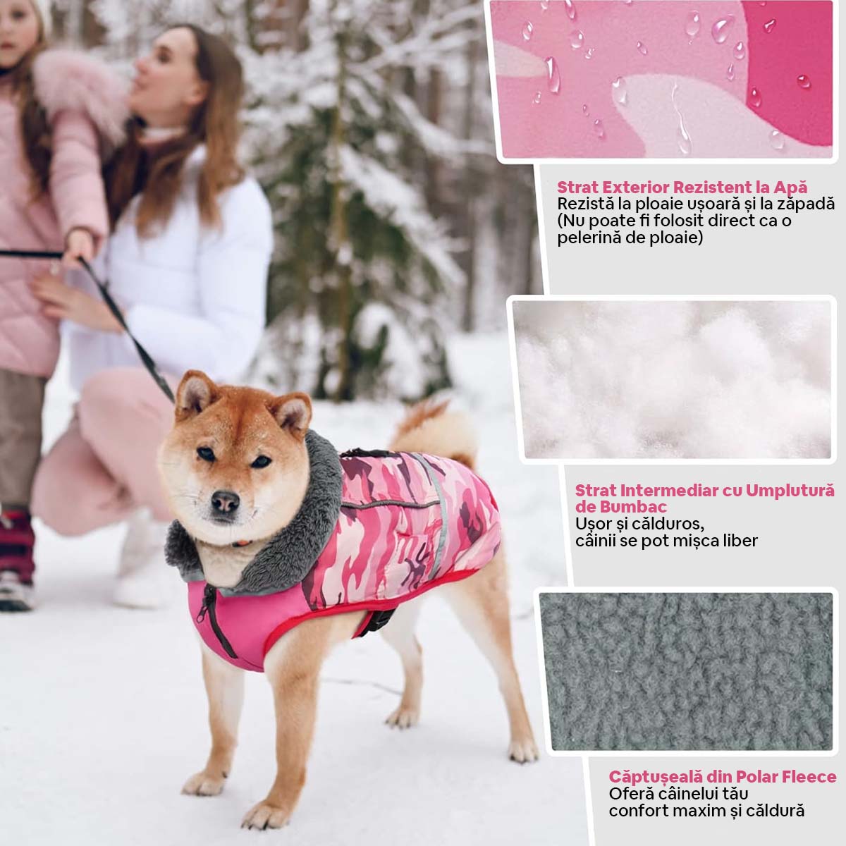 QBLEEV Haină de Iarnă pentru Câini, Roșu Rose,  XL, 50cm