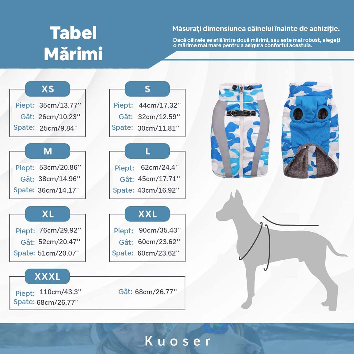 KUOSER Haină de Iarnă cu Fermoar și Benzi Reflectorizante pentru Câini, Albastru Camuflaj, L, 43cm - 2 | YEO