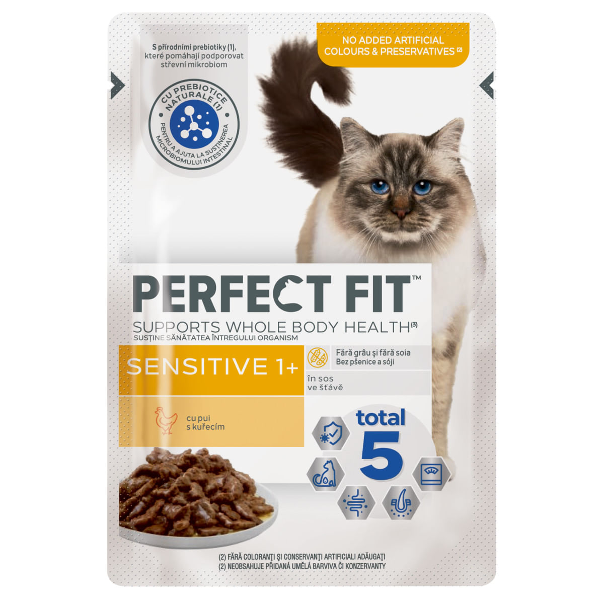 PERFECT FIT Cat Sensitive 1+ , Pui, plic hrană umedă pisici, sistem digestiv, (în sos), bax, 85g x 24buc