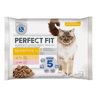 PERFECT FIT Cat Sensitive 1+, Pui și Somon, plic hrană umedă pisici, sistem digestiv, (în sos), multipack, 85g x 4buc