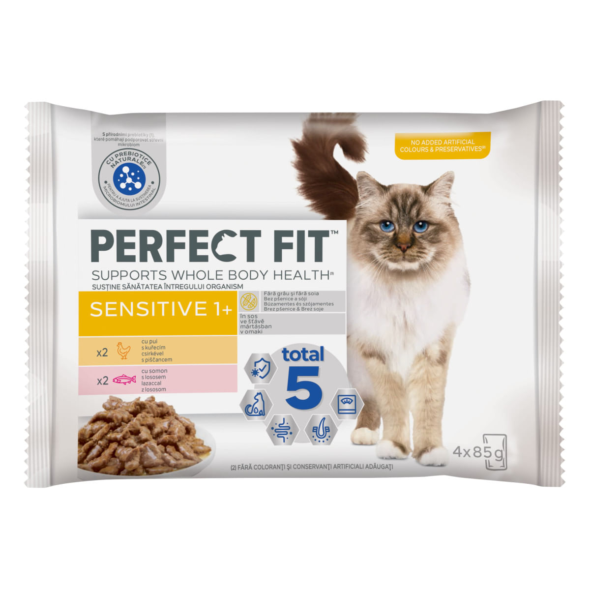 PERFECT FIT Cat Sensitive 1+ , Pui și Somon, plic hrană umedă pisici, sistem digestiv, (în sos), multipack, 85g x 4buc