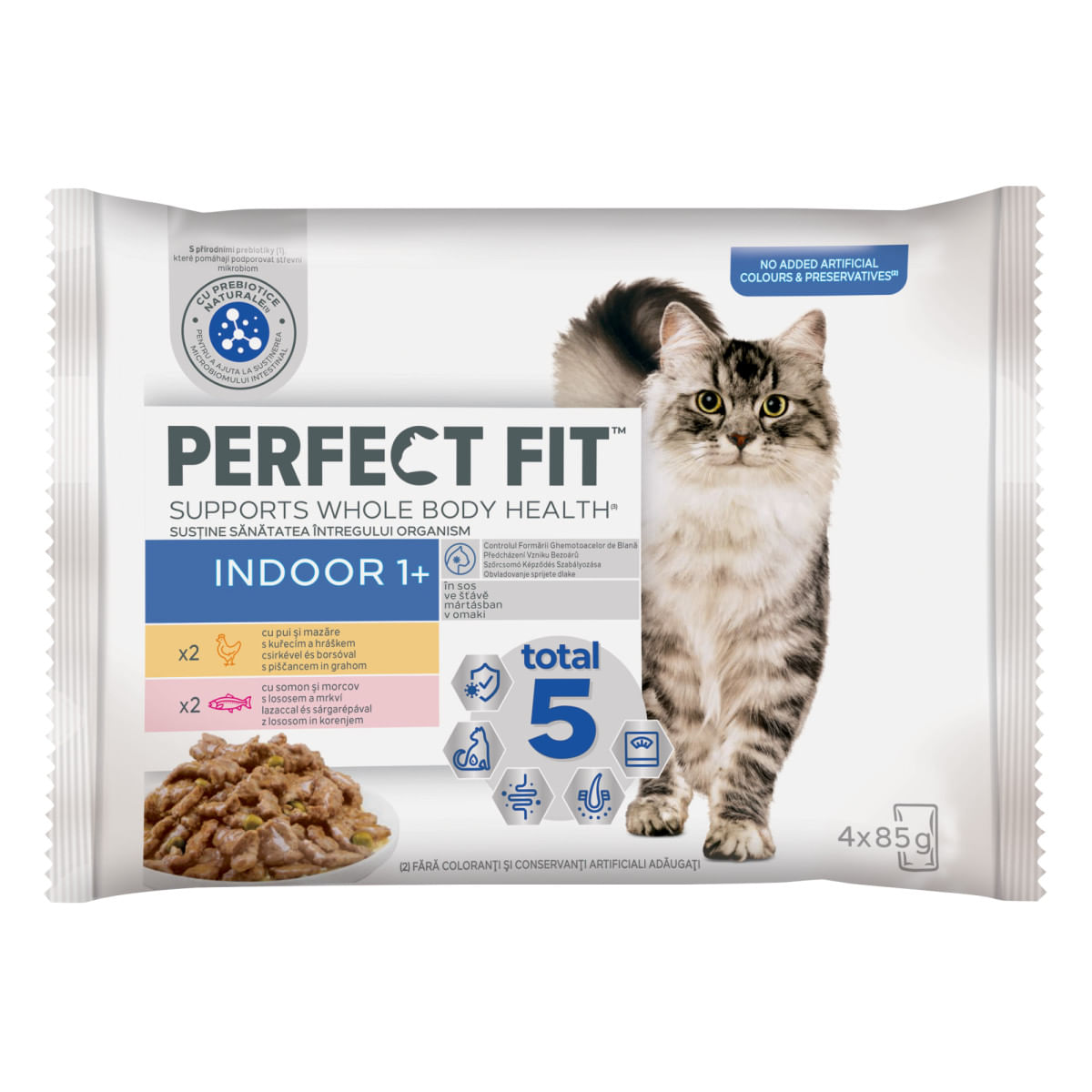 PERFECT FIT Cat Indoor 1+, Pui, Somon, plic hrană umedă pisici, (în sos), multipack, 85g x 4buc