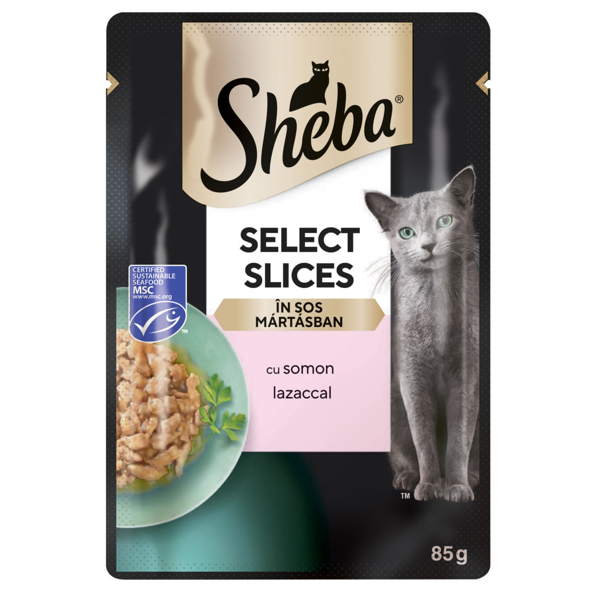 SHEBA Select Slices, Somon, plic hrană umedă pisici, (în sos), 85g