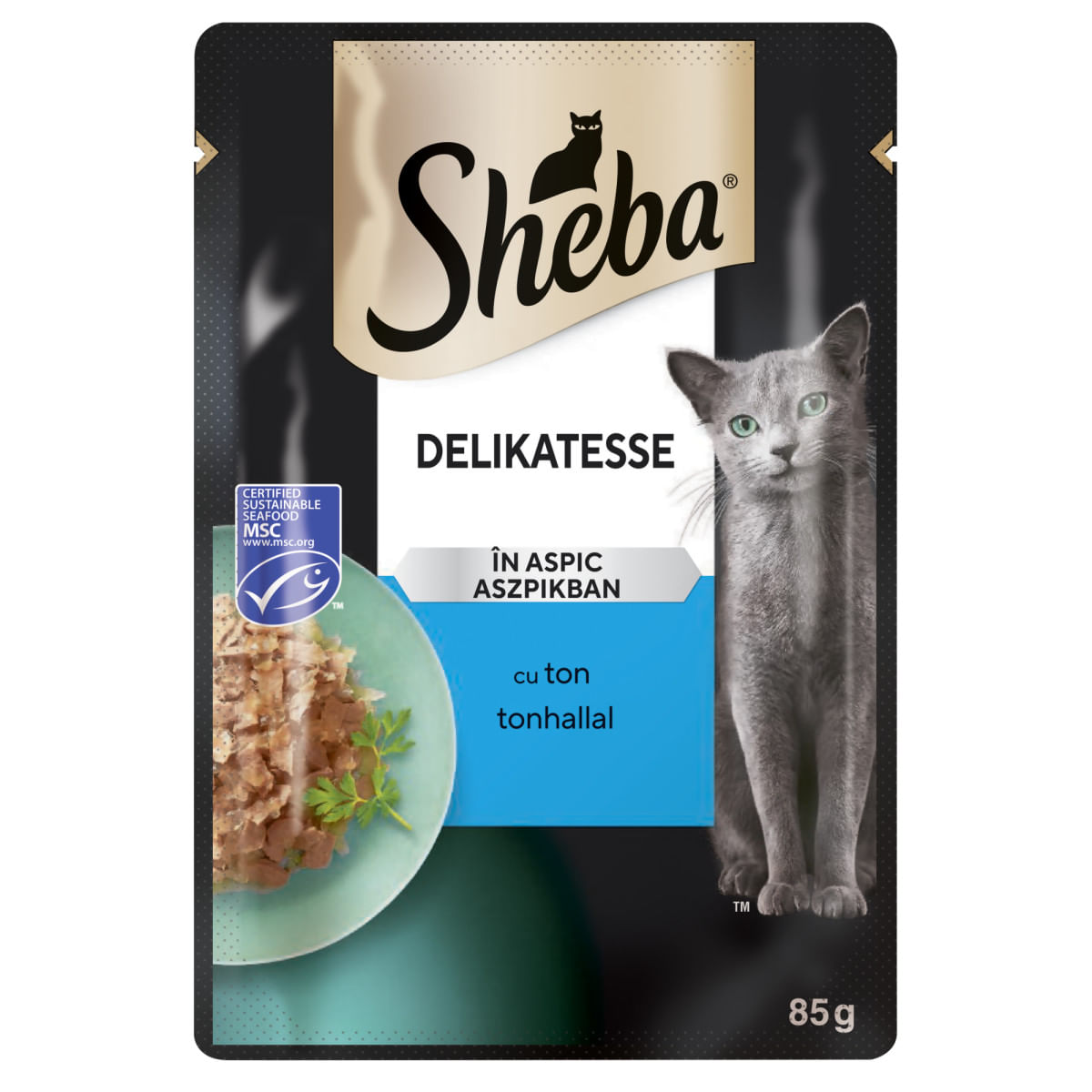 SHEBA Delicatese, Ton, plic hrană umedă pisici, (în aspic), 85g