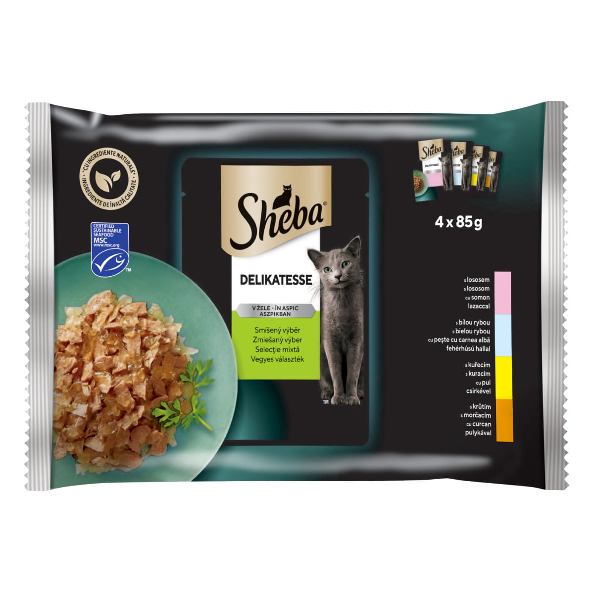 SHEBA Delicatese Selectii Mixte, Carne și Pește, plic hrană umedă pisici, (în aspic), multipack, 85g x 4buc - 1 | YEO