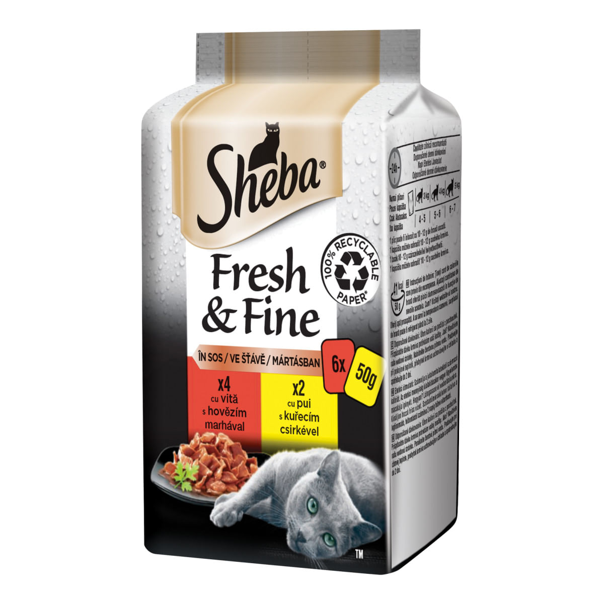 SHEBA Fresh & Fine Selectii Mixte, Vită și Pui, plic hrană umedă pisici, (în sos), multipack, 50g x 6buc - 2 | YEO