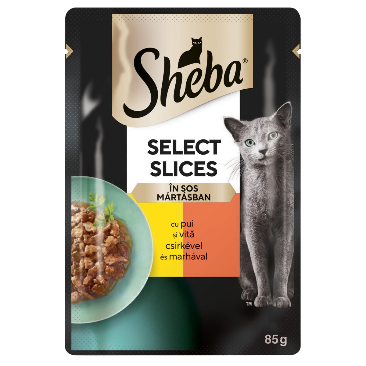 SHEBA Select Slices, Pui și Vită, plic hrană umedă pisici, (în sos), 85g