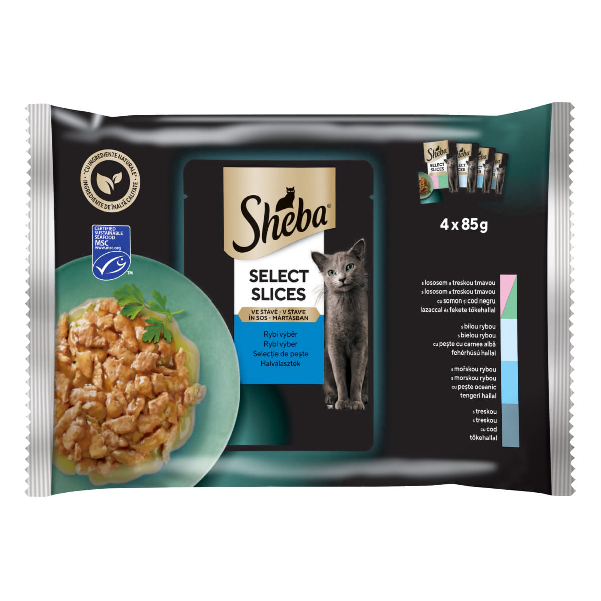 SHEBA Select Slices, Pește, plic hrană umedă pisici, (în sos), multipack, 85g x 4buc