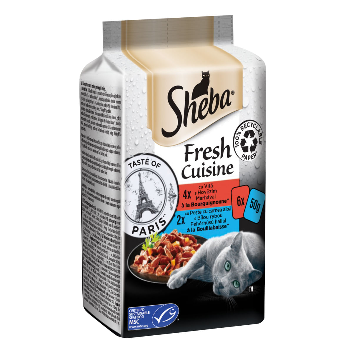 SHEBA Fresh Cuisine Taste of Paris, Vită și Pește, plic hrană umedă pisici, (în supă), multipack, 50g x 6buc