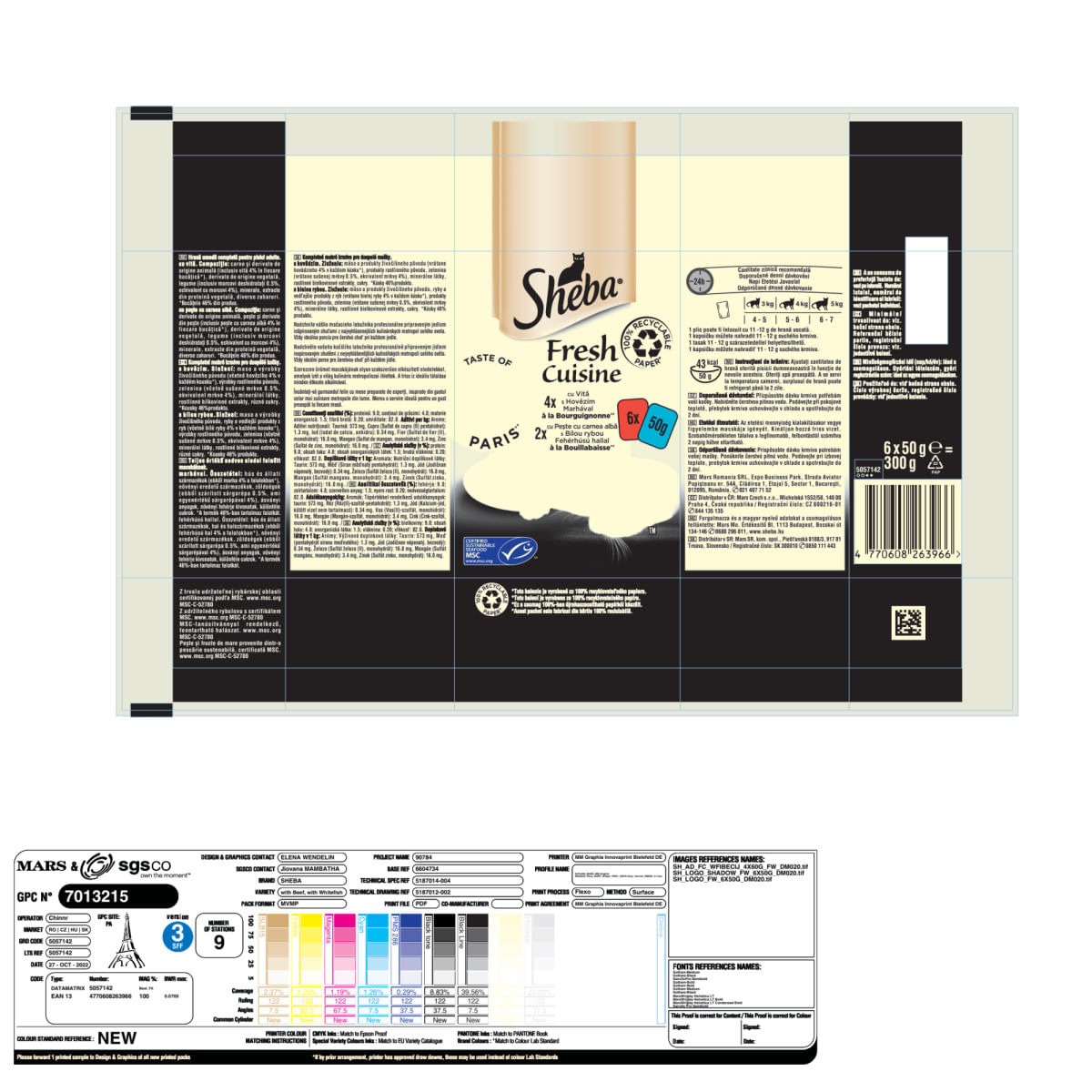 SHEBA Fresh Cuisine Taste of Paris, Vită și Pește, plic hrană umedă pisici, (în supă), multipack, 50g x 6buc