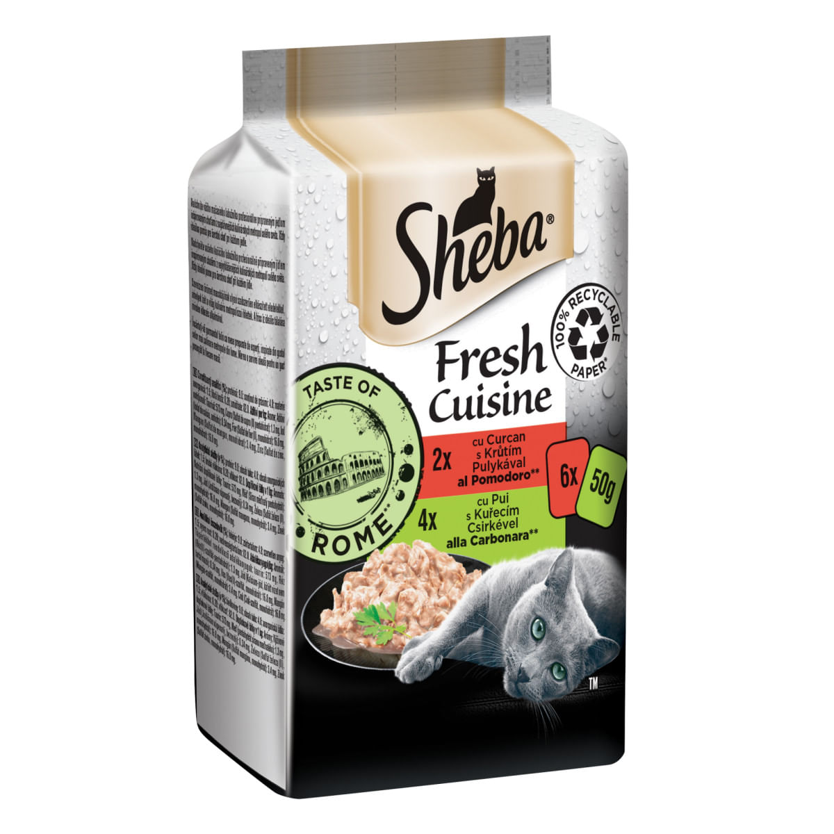 SHEBA Fresh Cuisine Taste of Rome, Pui și Curcan, plic hrană umedă pisici, (în supă), multipack, 50g x 6buc