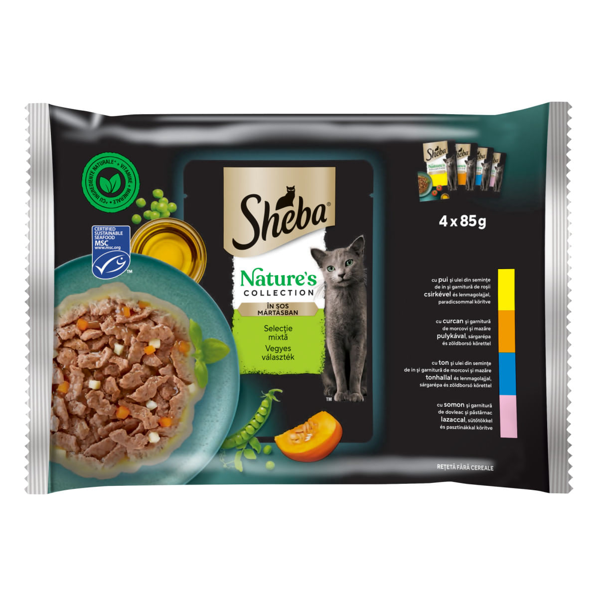 SHEBA Nature\'s Collection Selectie Mixta, Carne și Pește, plic hrană umedă fără cereale pisici, (în sos), multipack, 85g x 4buc