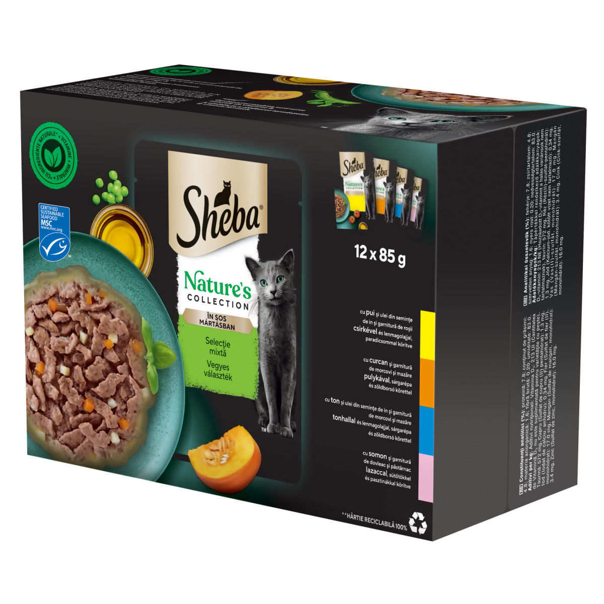 SHEBA Nature\'s Collection Selectie Mixta, Carne și Pește, plic hrană umedă fără cereale pisici, (în sos), megapack, 85g x 12buc