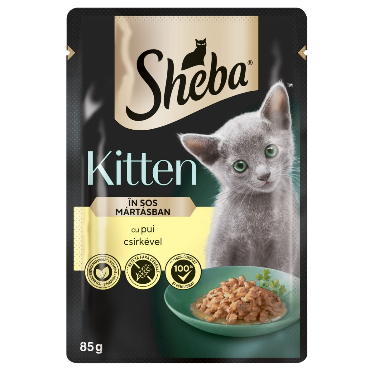 SHEBA Kitten, Pui, plic hrană umedă pisici junior, (în sos), bax, 85g x 28buc