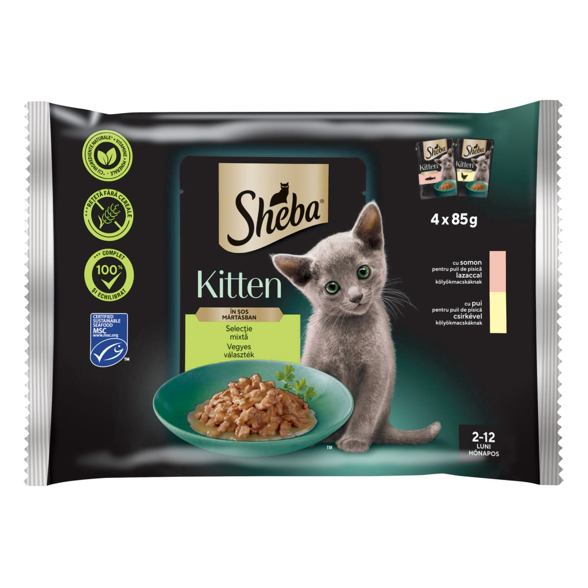 SHEBA Kitten Selectie Mixta, Somon și Pui, plic hrană umedă pisici junior, (în sos), multipack, 85g - 1 | YEO