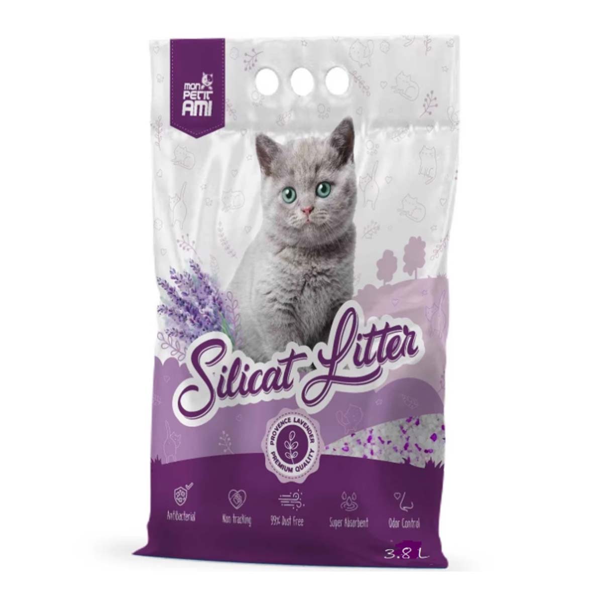 MON PETIT AMI, Lavanda, așternut igienic pisici, granule, silicat, neaglomerant, neutralizare mirosuri, 3.8l