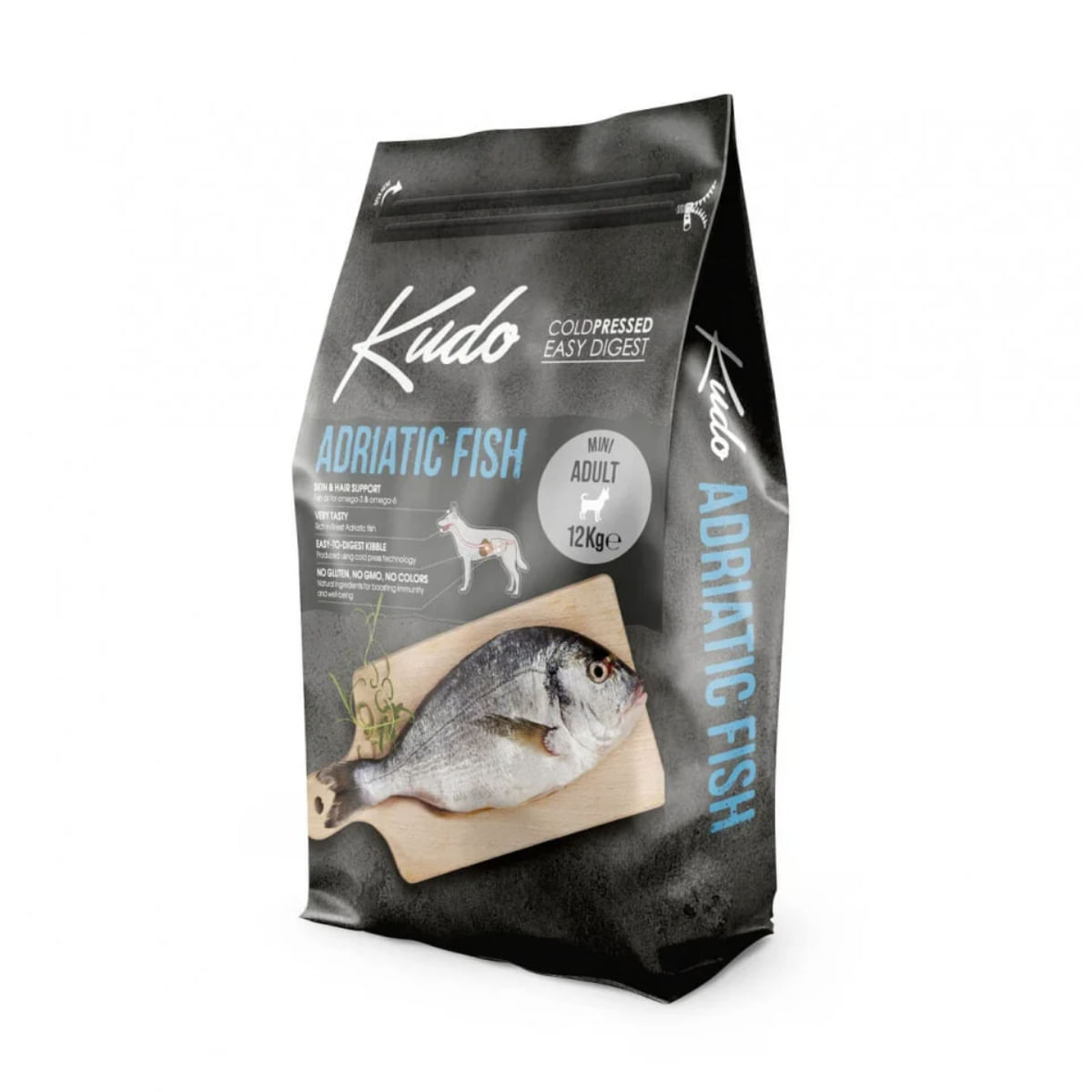 KUDO Mini Adult Small Breed, XS-S, Pește, hrană uscată conținut redus cereale câini, presată la rece, 12kg