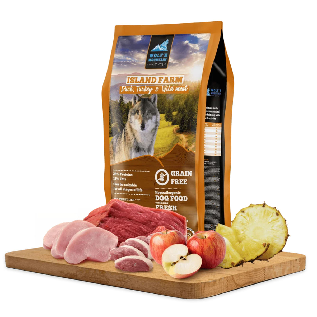 WOLF\'S MOUNTAIN Island Farm, XS-XL, Rață și Curcan, hrană uscată fără cereale câini, 12kg