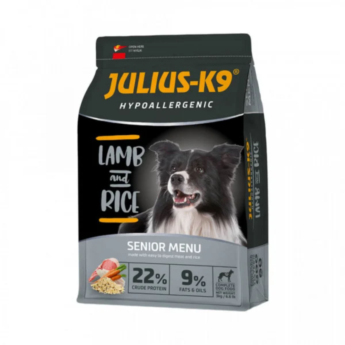 JULIUS-K9 Hypoallergenic Senior Menu, XS-XL, Miel și Orez, hrană uscată câini senior, alergii, 12kg