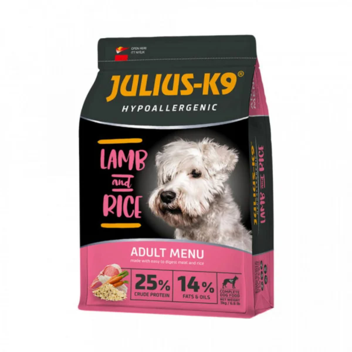 JULIUS-K9 Hypoallergenic Adult Menu, XS-XL, Miel și Orez, hrană uscată câini, alergii, 12kg