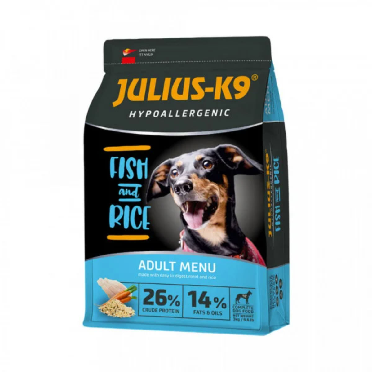 JULIUS-K9 Hypoallergenic Adult Menu, XS-XL, Pește și Orez, hrană uscată câini, alergii, 12kg