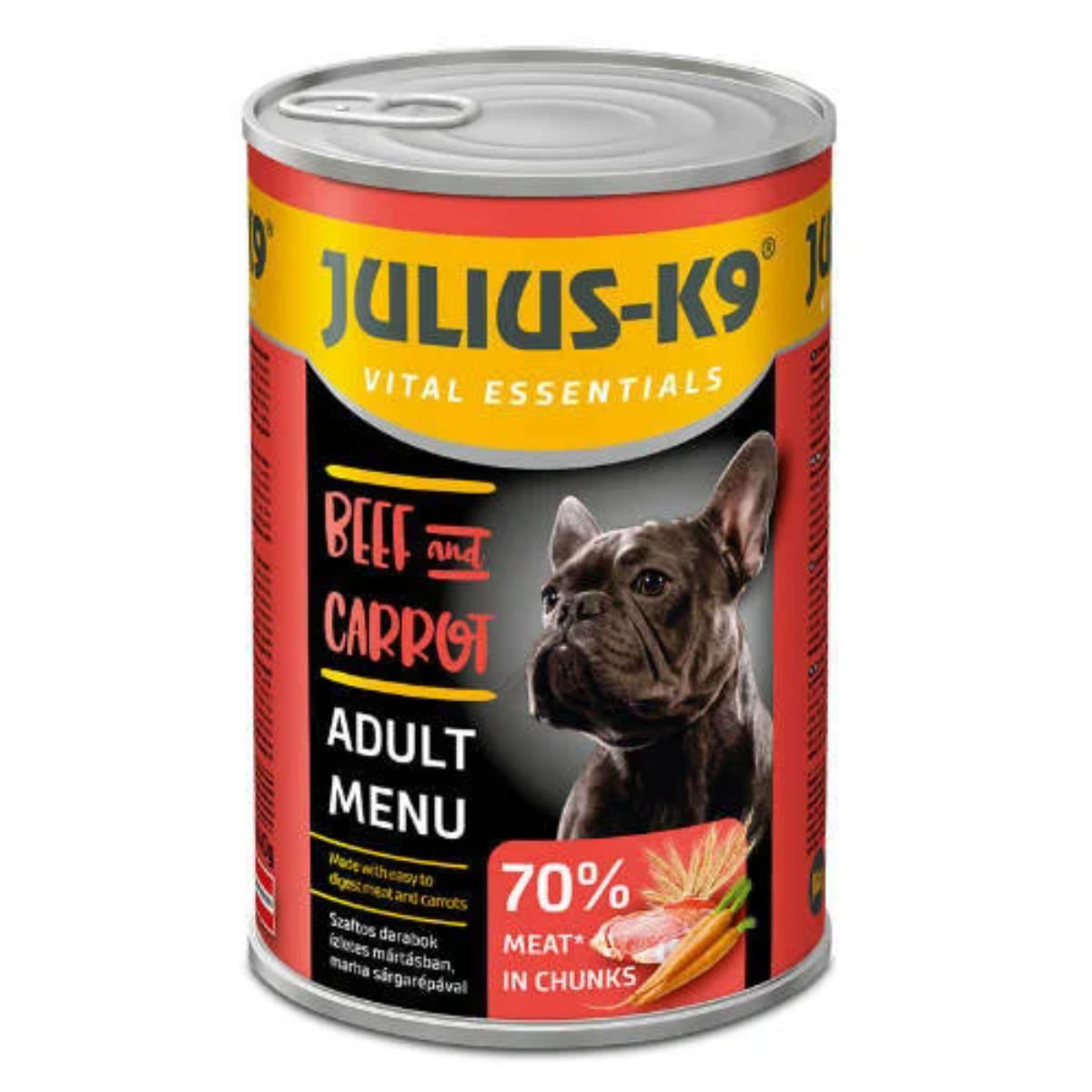 JULIUS-K9 Adult Menu, XS-XL, Vită și Morcov, conservă hrană umedă câini, (în sos), 1240g