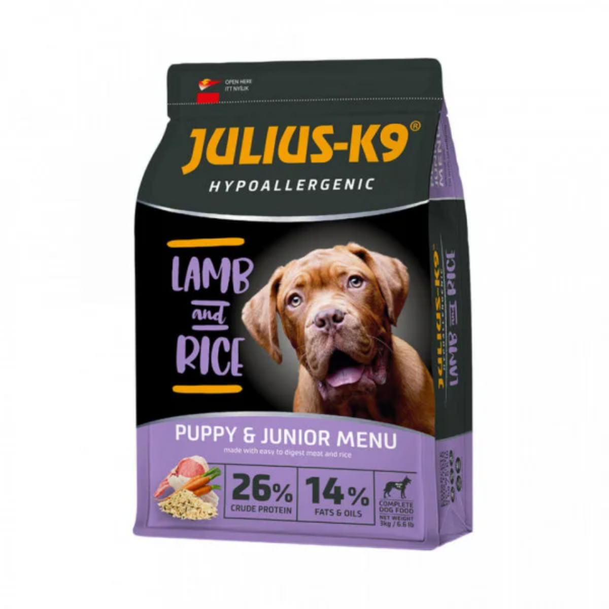 JULIUS-K9 Hypoallergenic Puppy&Junior Menu, XS-XL, Miel și Orez, hrană uscată câini junior, alergii, 12kg