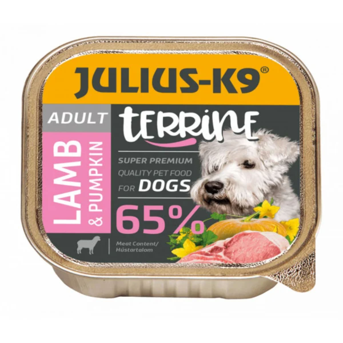 JULIUS-K9 Terrine, XS-S, Miel și dovleac, tăviță hrană umedă câini, (pate), 150g