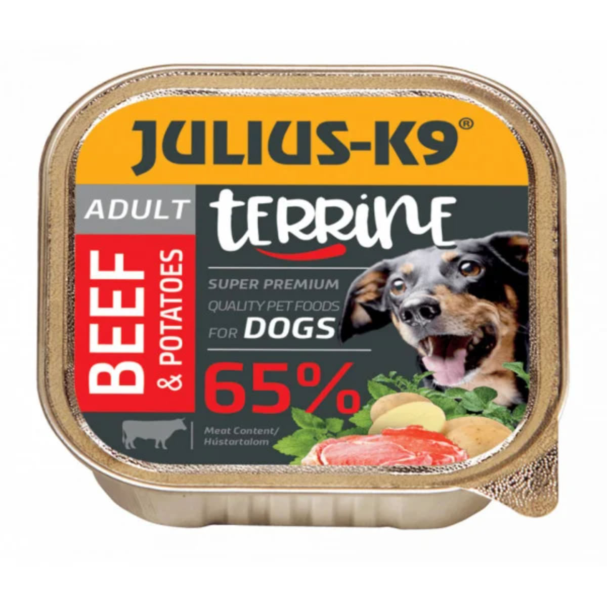 JULIUS-K9 Terrine, XS-S, Vită și Cartofi, tăviță hrană umedă câini, (pate), 150g